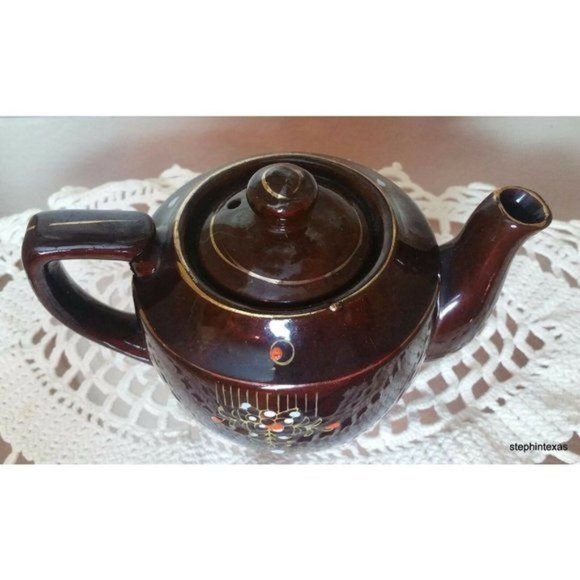 Antqiue Occupied Japan Teapot Brown Glazed Ceramic Hand Painted Flowers - Picture 10 of 12